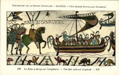 POSTAL Bayeux Tapisserie de la VENDIMIA de la reina de Matilde que la flota se mueve hacia L Inglaterra