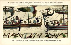 La POSTAL Bayeux Tapisserie de la VENDIMIA de la reina Matilde Guillermo que llega el este tiene Pevensey