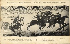 La POSTAL Bayeux Tapisserie de la VENDIMIA de la reina Matilde Harold ahorra los normandos