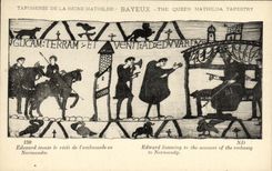 La POSTAL Bayeux Tapisserie de la VENDIMIA de la reina Matilde Eduardo escucha la cuenta de L embajada en Normandia