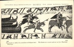 La POSTAL Bayeux Tapisserie de la VENDIMIA de la reina Matilde una entra para arriba en silla de montar y los jinetes se mueven hacia Hastings