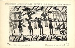 La POSTAL Bayeux Tapisserie de la VENDIMIA de la reina Matilde una lleva las armas a las naves de los barcos