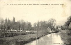 POSTAL Bayeux de la VENDIMIA el prado de L lavanderias automaticas del aure el seminario y la catedral vista del puente de Boulvard