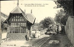 POSTAL Lucas de la VENDIMIA en la estacion de tren del mar de la TAPA del tren del Apple brandy de los ferrocarriles