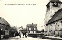 CPA Bonneville la Louvet La Place et l Eglise attelage Cheval