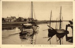 VINTAGE POSTCARD Courseulles On Sea Yacht In L before port Boats
