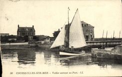 VINTAGE POSTCARD Sailing Courseulles On Sea Entering to the Port Sailing Boat