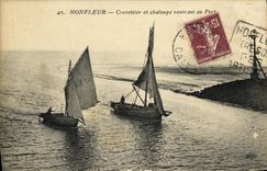VINTAGE POSTCARD Honfleur Crevettier and launch returning to the Port Boats