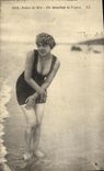 VINTAGE POSTCARD Sea bathings Woman While waiting for the vague Woman Bathing suit