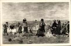 POSTAL Honfleur Boudin Eugene de la VENDIMIA en la playa
