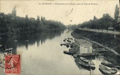 VINTAGE POSTCARD Perspective Puteaux on the Seine taken of the Bridge of Puteaux Boats Barges