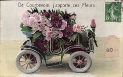 VINTAGE POSTCARD Courbevoie J brings These Flowers Car