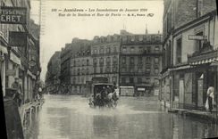 VINTAGE POSTCARD Asnieres Floods of January Street of the Station and Street of Paris