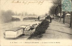 VINTAGE POSTCARD Neuilly sur Seine the Quay and the Bridge of Neuilly barges