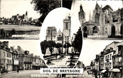 CPM Dol de Bretagne Porche de la cathedrale Hotel de ville et grande rue Cours des Charretiers