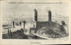 VINTAGE POSTCARD Fougeres the Reporduction Castle of the engraving of would plow up Bachelot of Pylaie 1810