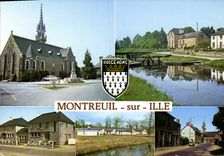 CPM Montreuil Sur Ille Eglise Ecluse Mairie et Poste 