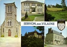 CPM Servon sur Vilaine L eglise La mairie Vue d ensemble Le chateau du Gue de servon Les PTT