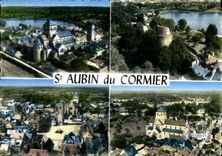 CPM Saint Aubin Du Cormier L eglise Les ruines du chateau Place de l eglise Vue generale
