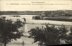 VINTAGE POSTCARD Saint Malo Places Stock Exchange the Statue of Surcouf and the overhead travelling crane At far St Servan