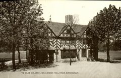 VINTAGE POSTCARD Ye Olde Golden delicious Lion Cannaon Hill Park Birmingham