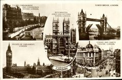 VINTAGE POSTCARD London Tower Bridge Houses off Parliament Strand and Gaiety Theater