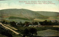 VINTAGE POSTCARD Devils Dyke near Brighton View off South Downs showing the pretty Sussex village off Poynings