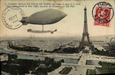 CPA Le Dirigeable Militaire La Ville de Paris descendant le cours de la Seine Pase devant la Tour Eiffel Zeppelin