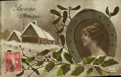 CPA Bonne Annee Femme Fer a Cheval