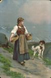 VINTAGE POSTCARD Woman and dog Folklore