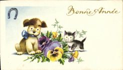 VINTAGE POSTCARD Happy New Year Cat Dog