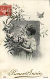 CPA Bonne Annee Femme Papillon