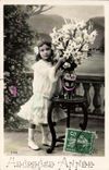 VINTAGE POSTCARD Happy Year Child Bouquet of flower
