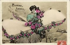 VINTAGE POSTCARD Happy New Year Woman Plane