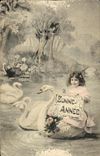 VINTAGE POSTCARD Happy New Year Child Swan