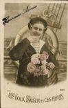 VINTAGE POSTCARD a Soft Kiss and These Flowers Sailor