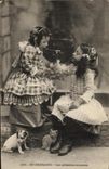 VINTAGE POSTCARD In Brittany Pemieres beakfuls Children Cat Chein Kitten