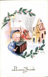 CPA Bonne Annee Enfant Accordeon Singe