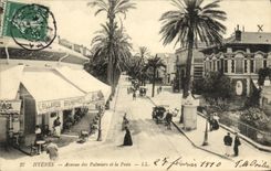Avenida de Hyeres de la POSTAL de la VENDIMIA de las palmeras y de los billares Brunswick de la oficina de correos