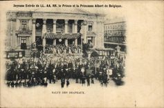 VINTAGE POSTCARD Hello Of the Flags Merry entered of L AA RR the prince and the princess of Belgium