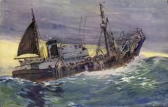 MODERN CARD Boat Trawler of large sin collecting its trawl Wooden bowl