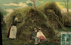 VINTAGE POSTCARD Fantaisie Women Couples Surprised Folklore chart toilee