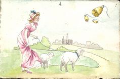 VINTAGE POSTCARD Fantasy Woman Sheep HAND MADE