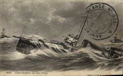 VINTAGE POSTCARD Boat Against destroyer by heavy weather