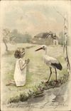 VINTAGE POSTCARD Fantasy Child and stork