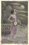 CPA Fantaisie Femme Aubade a la lune