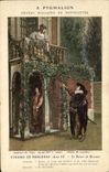 CPA Fantaisie Cyrano de Bergerac Rostand Le baiser de Roxane Pygmalion Boulevard de Sebastopol Paris 