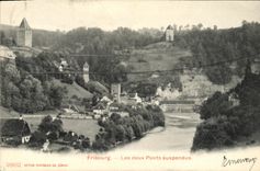 VINTAGE POSTCARD Swiss Freiburg two suspended bridges