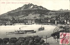 VINTAGE POSTCARD Swiss Luzern Bahnhof und Pilatus Boat