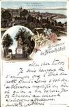CPA Suisse Neuchatel Vue generale Baie du Mont Blanc Statue David de Pury Carte 1897